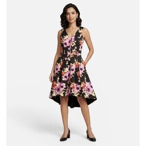 White House Black Market Black Multicolor Floral A Line Fit Flare Dress Size 10